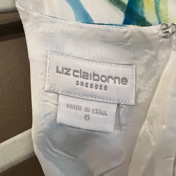 Liz Claiborne Floral Silk Dress, Blue, Green, Lined Midi, Short Sleeve, Size 6 - Picture 12 of 14